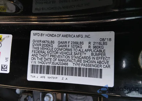 2018 Honda Accord Sport z USA, uszkodzony, nr VIN 1HGCV1F35JA232466